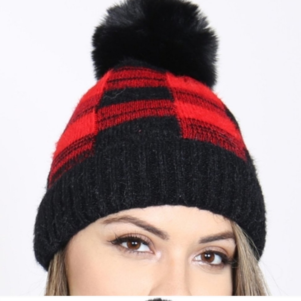 Plaid checkered fur lined beanie